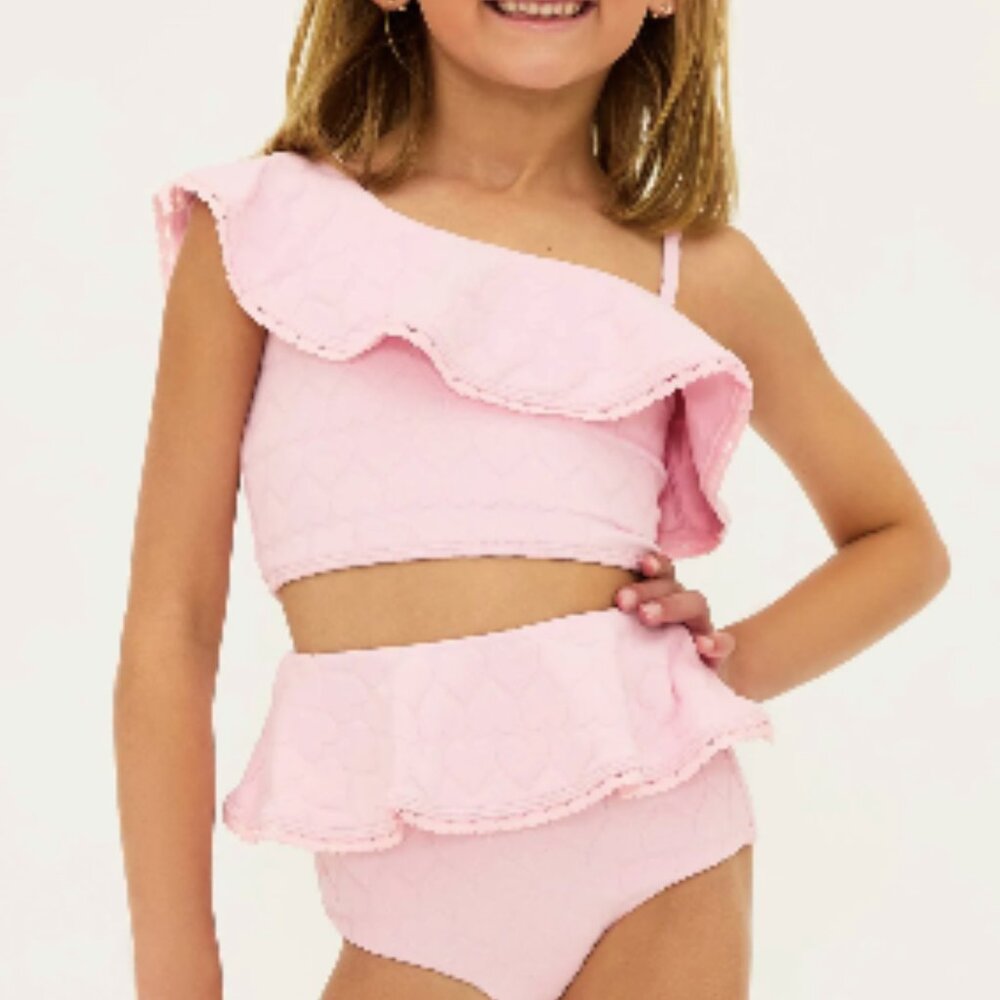 Beach Riot Kids Pink Ruffle One-Shoulder Bikini Set